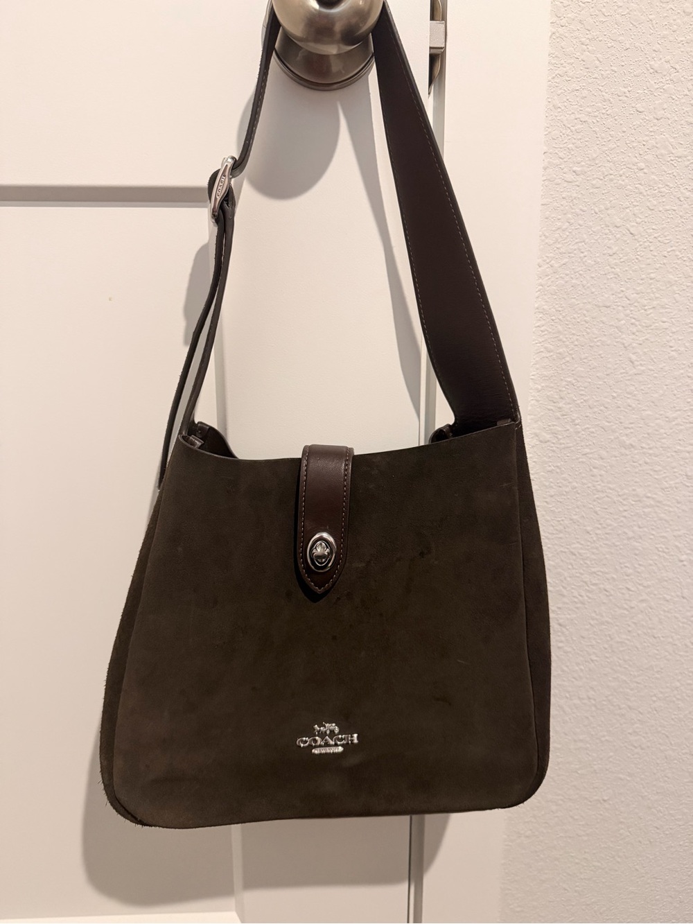 Coach Hadley in Espresso Suede Shoulder Bag with Silver Hardware